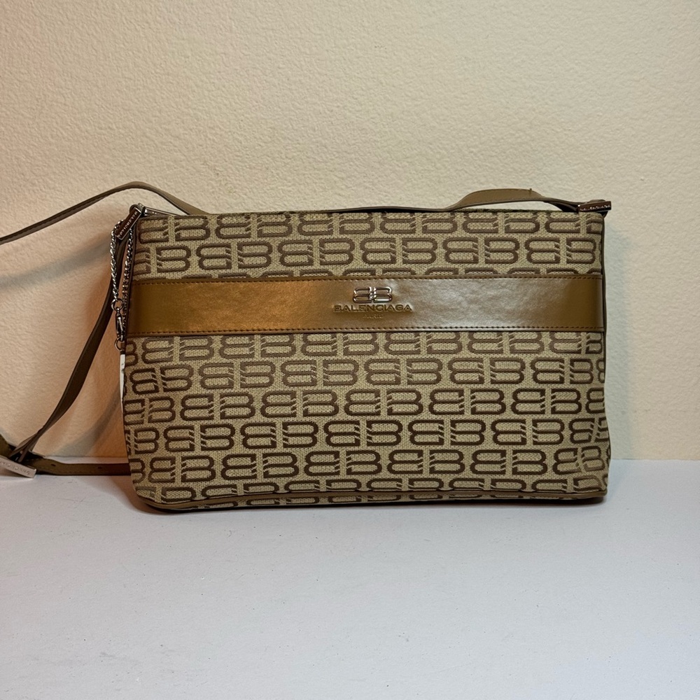 Vintage BALENCIAGA Tan Signature Monogram Shoulder Crossbody Bag